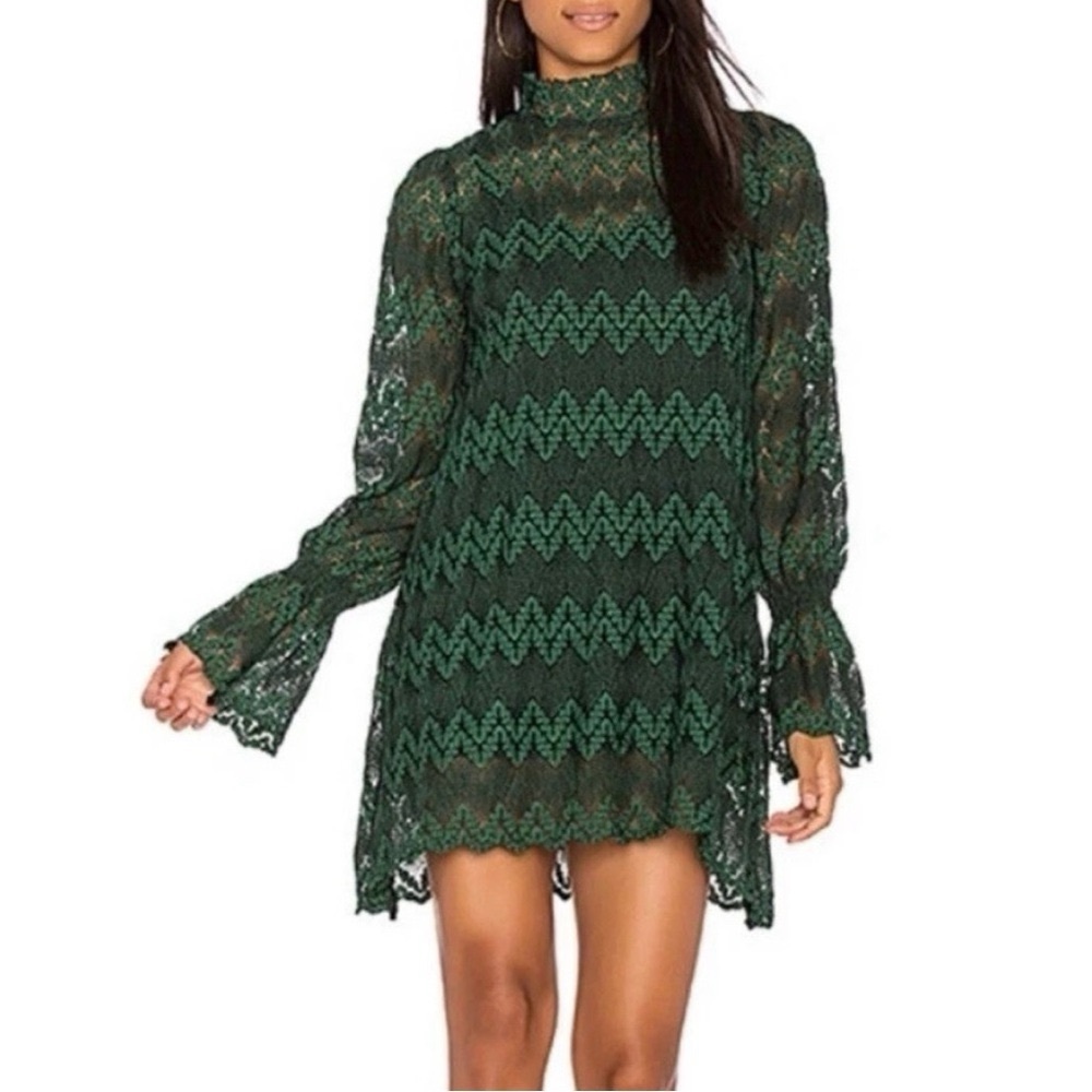 NWT Free People Forest Green Lace Long Sleeve Dress with chevron print